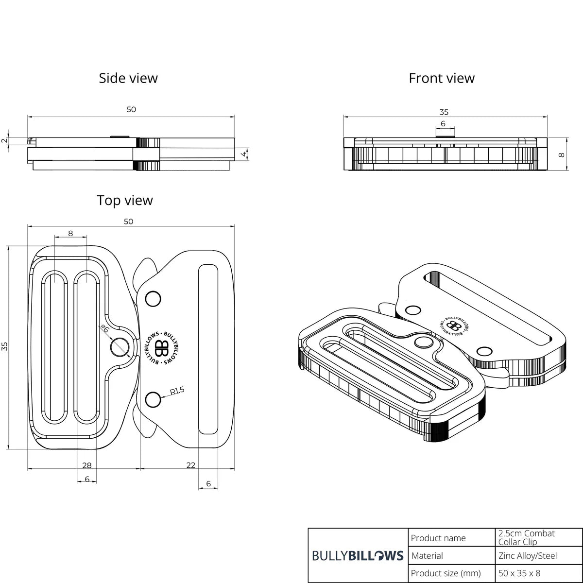 2.5cm Lighter Combat® Collar | Handle & Rated Clip - Black x Black