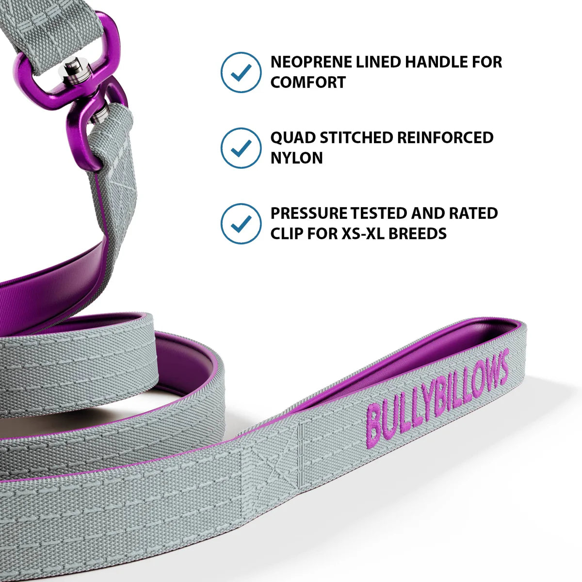 1.4m LIGHTER Swivel Combat Lead | Neoprene Lined, Secure Rated Clip with Soft Handle - Purple & Metal Grey